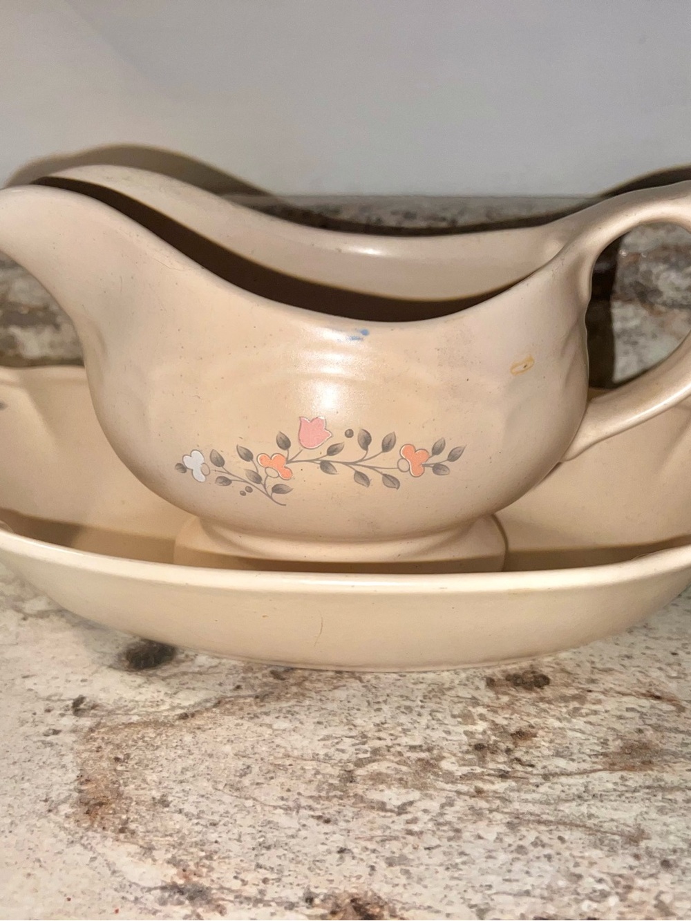 Vintage Pfaltzgraff Cream Floral Gravy Boat with Underplate